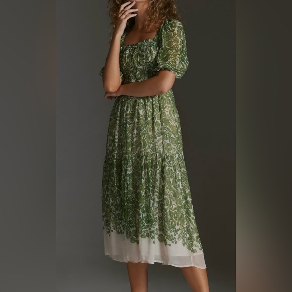 Anthropologie Green and Cream Smocked Midi Dress Large NWT